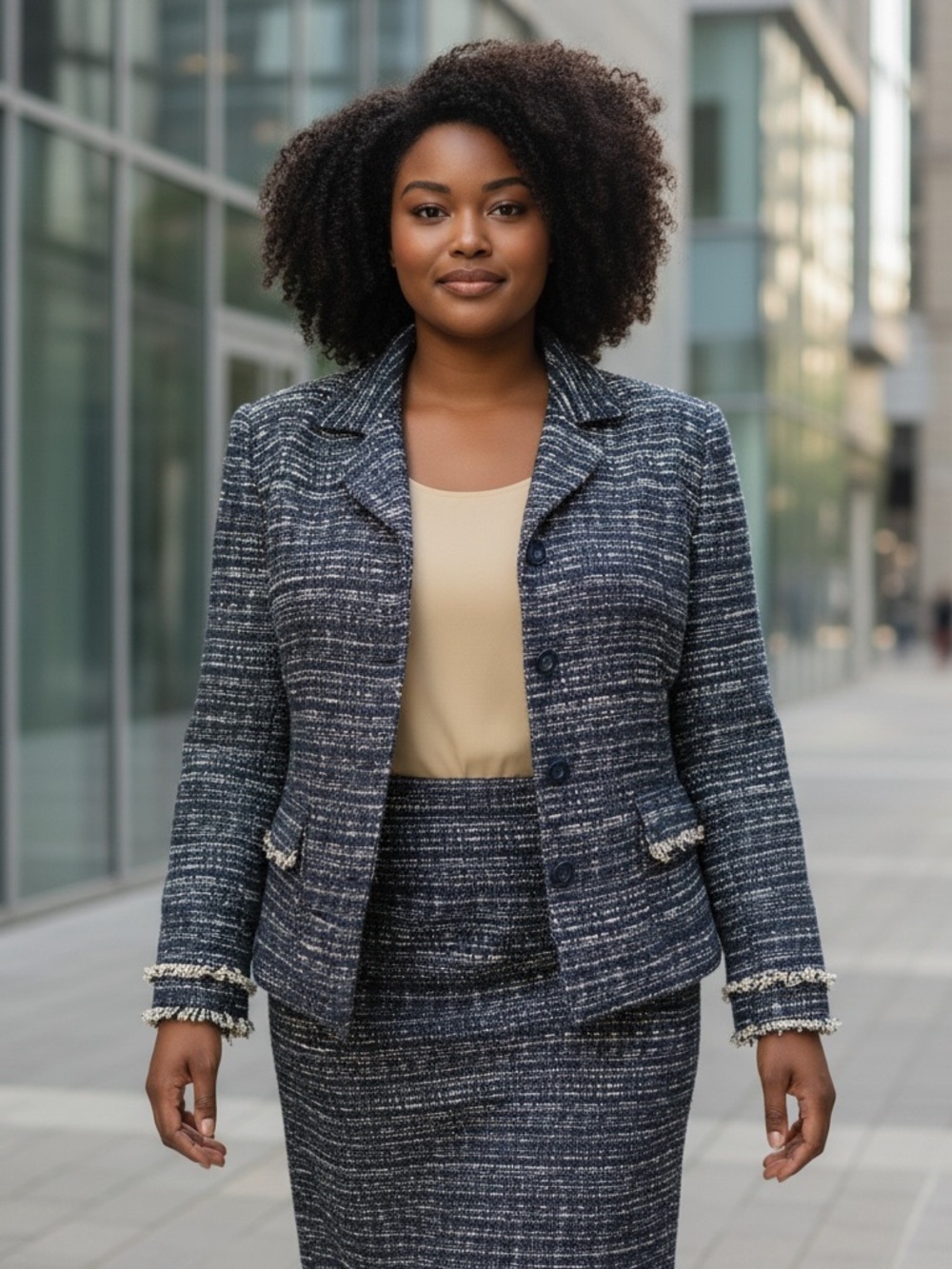 Ann Taylor Navy & White Tweed Button Jacket